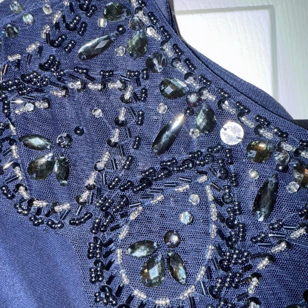 Xscape Navy Long Sleeve Gown with Embellished Neckline - Picture 3 of 6